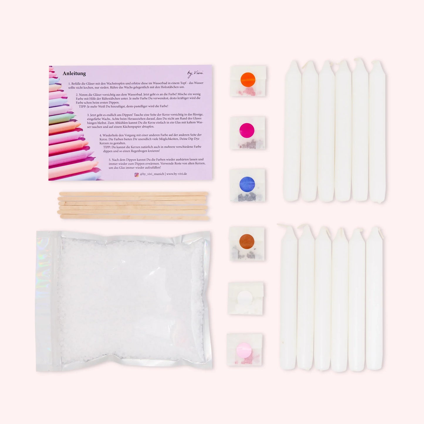 Anleitung Dochte Kerzenwachs und weiße Stabkerzen für das Herstellen von DipDye Kerzen zuhause.