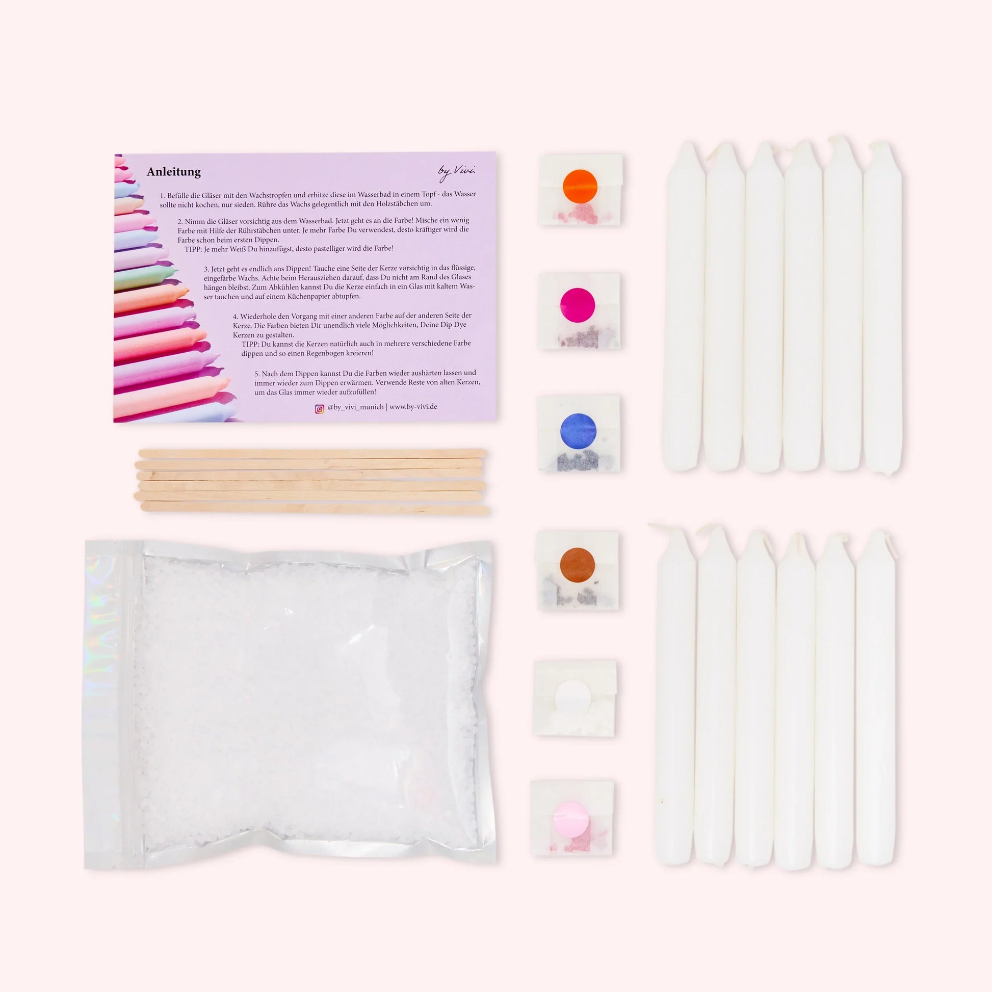 Anleitung Dochte Kerzenwachs und weiße Stabkerzen für das Herstellen von DipDye Kerzen zuhause.