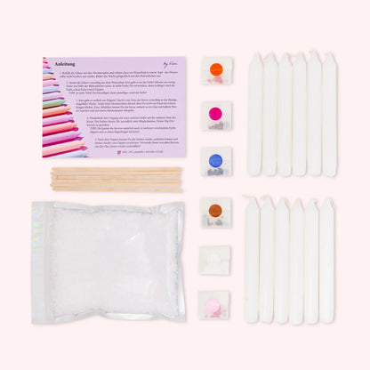 Anleitung Dochte Kerzenwachs und weiße Stabkerzen für das Herstellen von DipDye Kerzen zuhause.